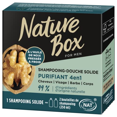 Nature Box - Shampoing Solide 4 en 1 Purifiant - A l'Huile de Noix Pressée à Froid - Cheveux/ Cuir Chevelu / Barbe / Corps - 99% d'Ingrédients d'Origine Naturelle - Savon de 85g Cover