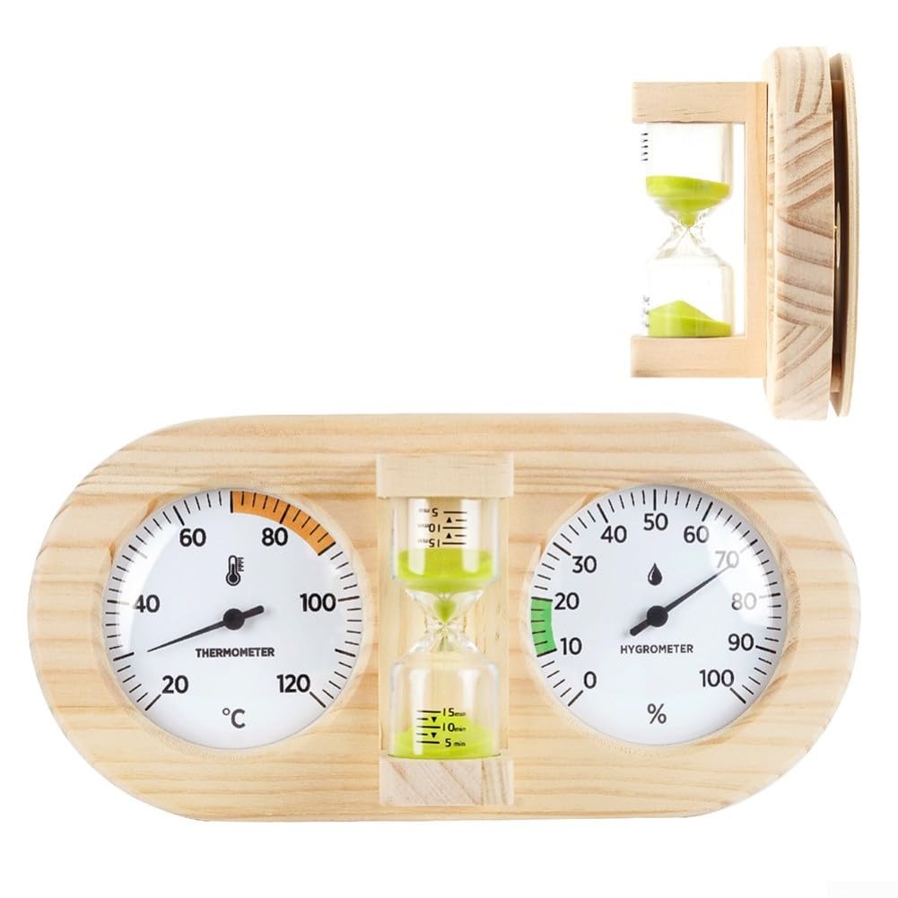 Termohigrómetro de sauna con temporizador de reloj de arena, medidor de temperatura y humedad montado en la pared de madera de pino para sala de sauna, 20-120 °C 0-100% HR (A)