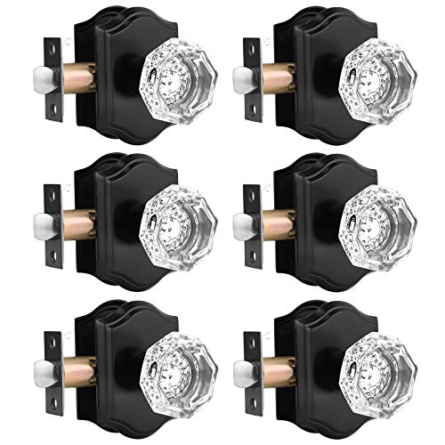 Gobrico 6 Pack Clear Diamond Passage Door Knobs,Matte Black Non-Locking Interior Door Handles,Octagonal Crystal Hall/Closet Door Knob,Arched Rosette