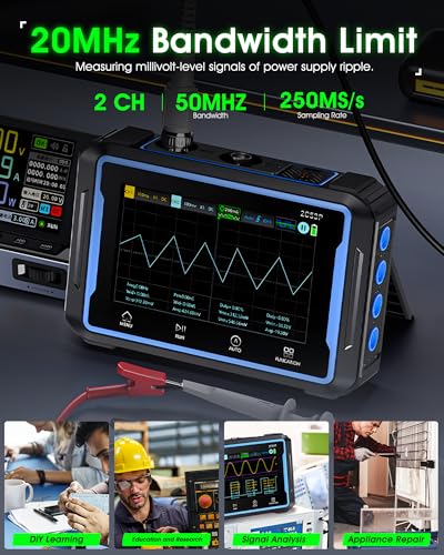 Handheld Oszilloskop 2-Kanal, WapoRich 3-in-1 Tablet-Oszilloskop mit Signalgenerator, 50 MHz, 250 MSa/s, 12 Signalformen, TRMS 19999 Counts, 64KB Speicher