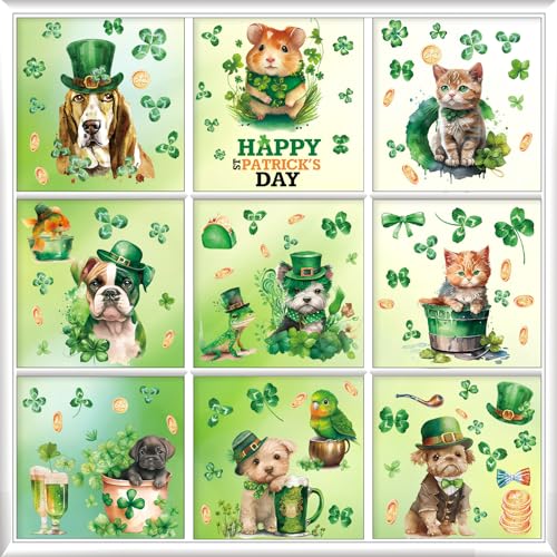 St Patricks Day Decoration Animal Shamrock St Patricks Day Window Cling Glass Window Dog Cat Green Lucky Leaf Clover Irish St Pattys Day Sticker Spring Window Decal Home Office Classroom Party