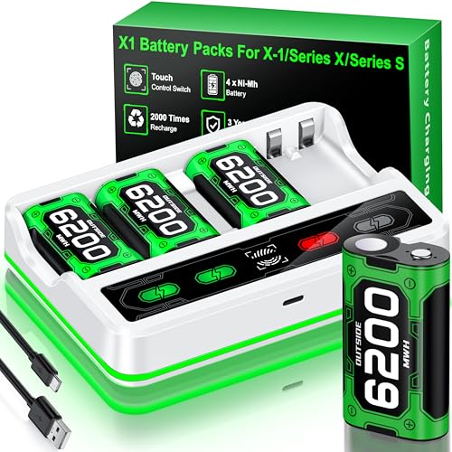 Image of Upgraded Fast Charging Rechargeable Battery Pack for Xbox -4x6200mWh Batteries with Light Control &Charger Dock -Compatible with Xbox Series X|S,One S /X,Elite Controllers, Charger Sets, White