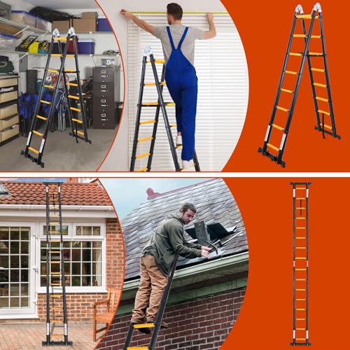 Herrselsam Teleskopleiter A-Rahmen, 3.8m(1.9m+1.9m) Klappleiter Alu Multifunktionsleiter mit Stabilisator Bar und Rädern, Rutschfester, Max Belastung 150 KG, Schwarz Gelb – Bild 7