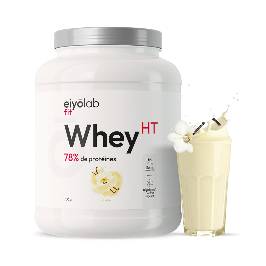 WHEY HT | Jusqu’à 78% de Protéines | Riche en BCAA & Glutamine | Construction Musculaire Rapide | Faible en Calories & Sucres | Digestion Facile | Texture Onctueuse Goût Vanille | 750g | Eiyolab