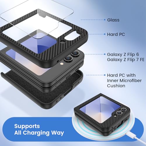 Image of Ruky for Z Flip 6 Case, Full Body Cover Anti-Scratches Shockproof Hard PC Ultra-Thin, Support Wireless Charging Protective Phone Cover for Samsung Galaxy Z Flip 6, Carbon Fiber