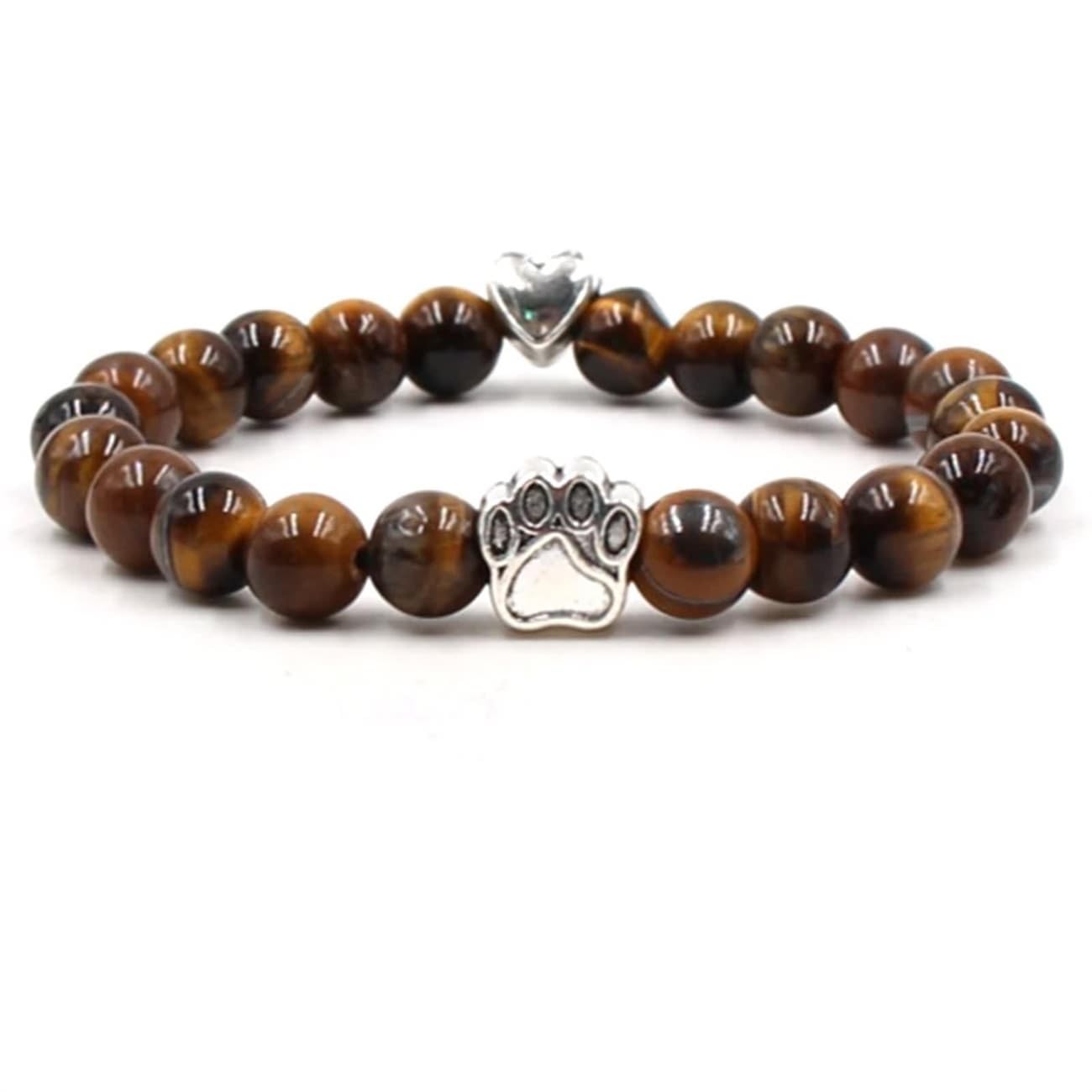 Bracelet en pierre naturelle 8mm avec pendentif patte en cœur élastique fait main pour couple - 2