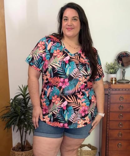 Image of TIYOMI Plus Size Tops for Women V Neck Tshirts Basic Tunic Casual Hawaii Floral Tie Dye Camo Summer Short Sleeve Tee XL-5XL
