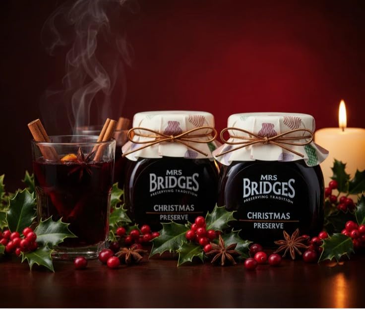Mrs. Bridges of Scotland, Set of 2 Jars, Gourmet Christmas Preserves - (Berries with Mulled Wine), Imported from Scotland, 8.8 Oz Each