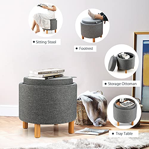 Giantex Round Storage Ottoman With Tray, Accent Storage Footstool W/ Soft Padding, Fabric Sitting Stool W/ Solid Wood Legs & Non-Slip Pads, Tray Top Coffee Table For Living Room, Bedroom (Grey) #TOP7