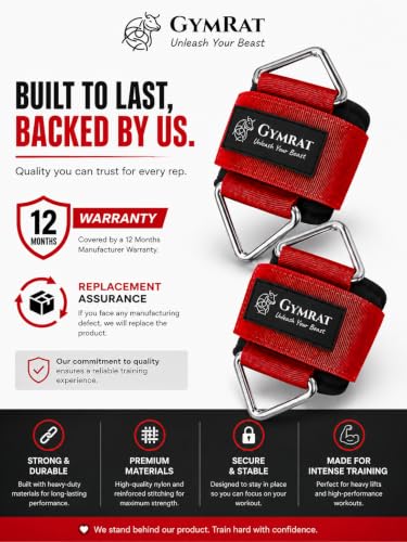 Image of GYMRAT RED Wrist Cuffs with D-Ring, Wrist Wraps for Weightlifting with Neoprene Padding, Wrist Straps for Cable Machines