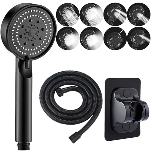 Pomme de Douche avec Tuyau et Support Pommeau de Douche Noir Pomme de Douche Haute Pression Noire 8 Modes avec Tuyau 2m pour Salle De Bains, Hôtel, etc