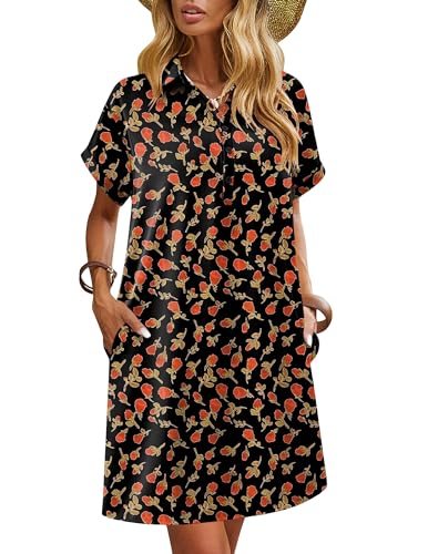 HOTOUCH Womens Shift Shirt Dress Casual Loose Fit Short Sleeve Dress 2025 Summer Beach Fashion Comfy Mini Sundress Black Red Floral M