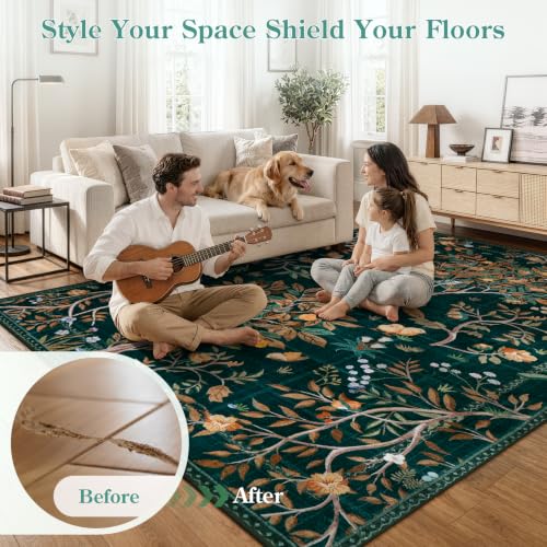 Image of Morebes Boho Floral Rug Runners for Hallways Non Slip, Flower 2.5x8 Kitchen Runner Rug Washable, Soft Botanical Indoor Carpet Floor Runner for Entrance Bedroom Bedside, Dark Green