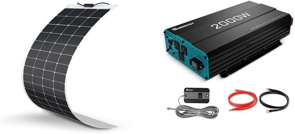 Renogy Solar Panel 200W 12V Lightweight Monocrystalline Semi-Flexible Bendable Mono Off-Grid Charger and Renogy 2000W Pure Sine Wave Inverter 12V DC to 120V AC Converter