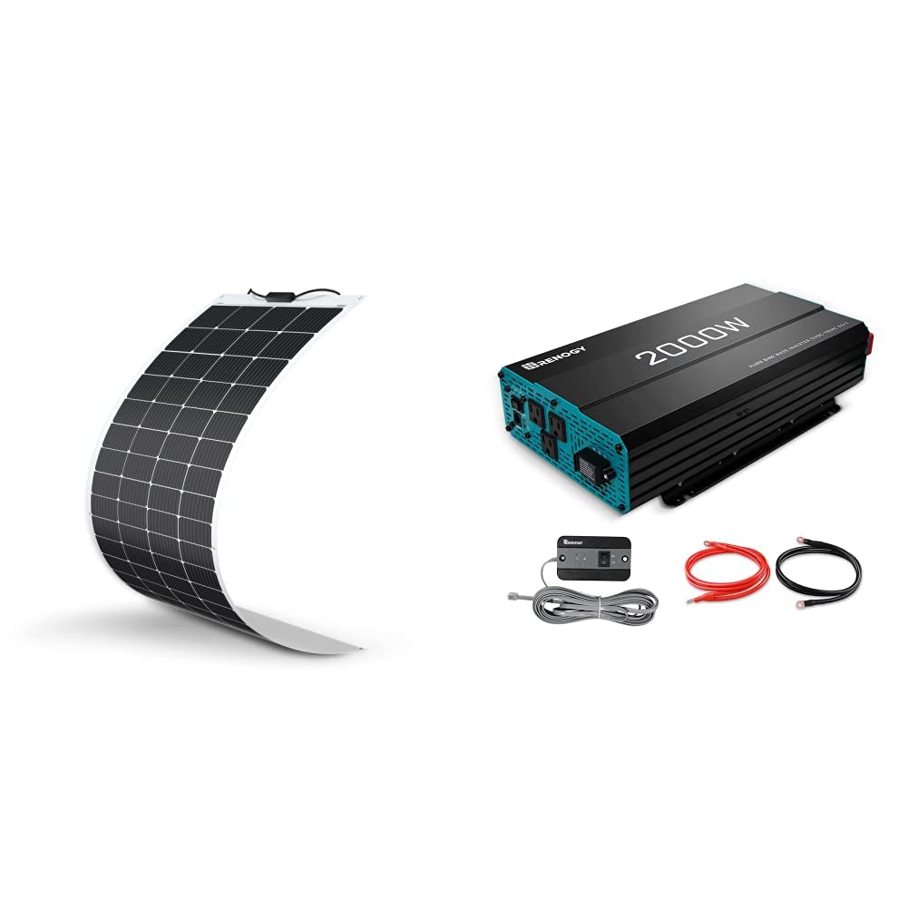Renogy Solar Panel 200W 12V Lightweight Monocrystalline Semi-Flexible Bendable Mono Off-Grid Charger and Renogy 2000W Pure Sine Wave Inverter 12V DC to 120V AC Converter