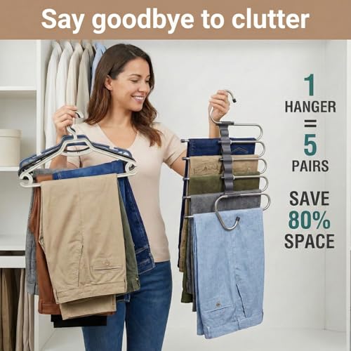 Image of Pants Hangers Space Saving, 5 Tier Jeans Hanger for Closet, Black Multiple Heavy Duty Stainless Steel Pant Rack for Trousers, Legging with 20 Clips (4 Pack)