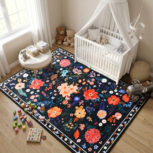 Terrug Floral Washable Area Rug for Bedroom, 4x6 Black Rug Boho Ultra-Thin Rugs for Entryway, Soft Non Slip Carpet Vintage Rug for Living Room, Entry, Kitchen, College Dorm, Dining Room, Nursery