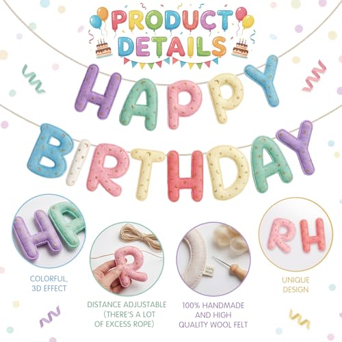 Image of Mindsoft Felt Happy Birthday Garland Rainbow Banner Reusable Happy Birthday Sign Party Supply for Party Decor (Macaron Color,Candle)