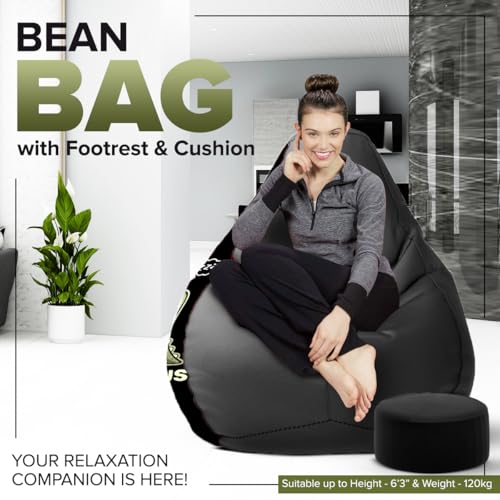 Image of Amazon Brand - Solimo 4XL Premium Faux Leather Bean Bag, Filled with Beans | Capacity: Upto 6 Ft 5 in Height, 125 KG Weight | Bean Bag with Beans Filled for Home, Living Room | Tired Saurus Print