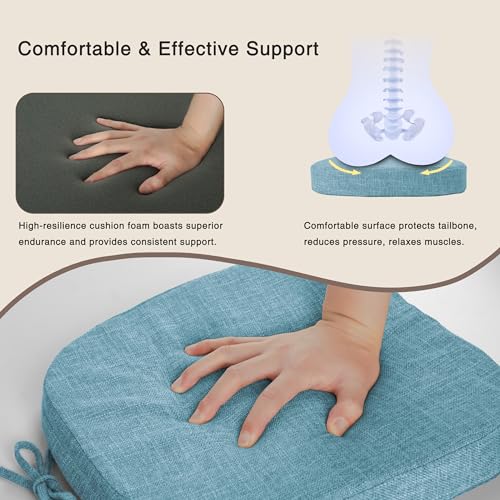 Image of OVOV 14x14 Chair Cushions for Metal Dining Chairs Set of 2 Light Blue | Non Slip, Washable Removable Cover with Ties, Textured, for Dining Room, Kitchen Cafes Bistro Patio, Stackable Chairs