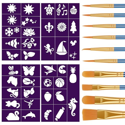 Alaoo Truccabimbi Kit, 4 fogli Stencil di Pittura del Viso, Modello Riutilizzabile per Il Trucco, Con 10 Pennelli Professionali, Adatto per Halloween, Carnevale, Natale(A)