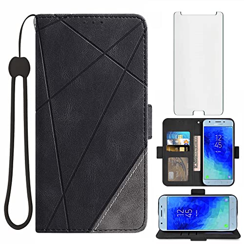 Asuwish Compatible with Samsung Galaxy J3 Orbit J 3 Star 2018 3J Achieve Wallet Case and Tempered Glass Screen Protector Flip Cover Cell Phone Cases for Glaxay J3V V 3rd Gen SM J337A J337V J337 Black
