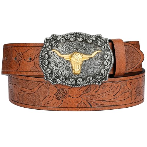 Btilasif Western Cowboy Belts for Men Women- PU Leather Floral Pattern Engraved Longhorn Bull Buckle Belts for Jeans