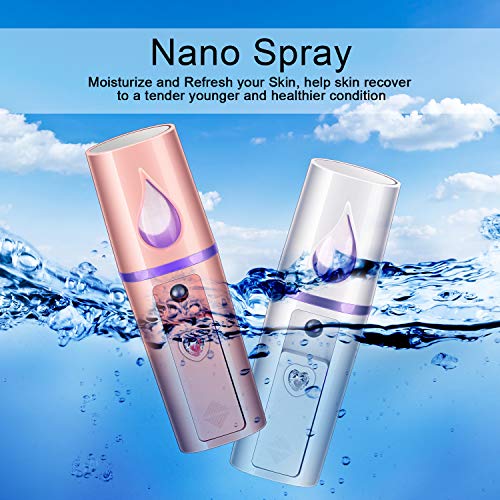 2 Stück Nano Gesichtsdampfer Tragbar Mini Gesicht Nebeldampfer Hand Gesichtsdampfer mit Spiegel Design Feuchtigkeitsspendend für Hautpflege, Makeup und Wimpern Verlängerung (Weiß, Rosa)
