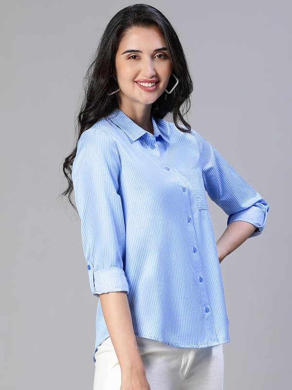 Image of oxolloxo Women Soild Collared with Chect Pocket Cotton Shirt