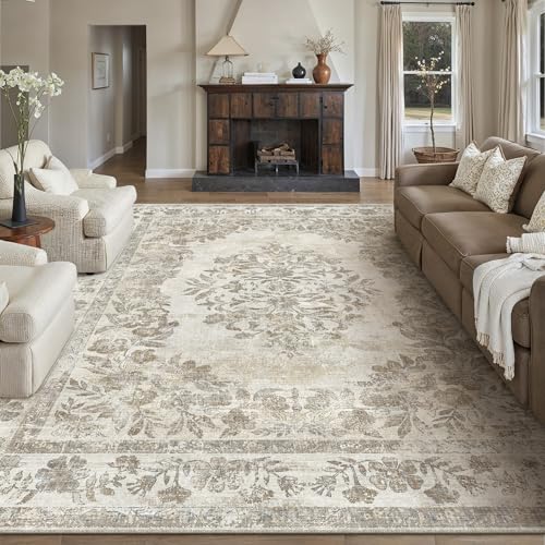 PureCozy 9x12 Area Rug Beige Washable Vintage Distressed Living Room Carpet Large Bedroom Indoor Medallion Floral Non Slip Retro Throw Floor Mat for Office Dining Room Kitchen Bathroom 9' x