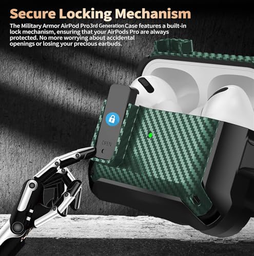 Image of Olytop Airpods Pro 3 Case with Lock Clip, Rugged Apple Airpods Pro 3rd Generation Cover 2025 Men Women, Armor Shockproof iPod Pro3 Gen Protective Hard Shell with Carabiner&Cleaner kit,CF Black /Green