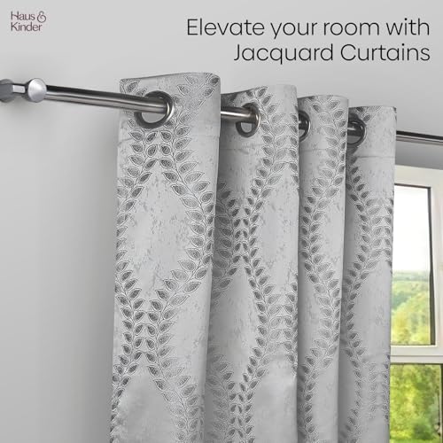 Image of haus & kinder Jacquard Door Curtain 7 Feet Long Pack of 1 Door Curtain, 7 Feet Curtain for Door (Silver Groove Embossed, Grey Floral Nature Design 130x213 CM)