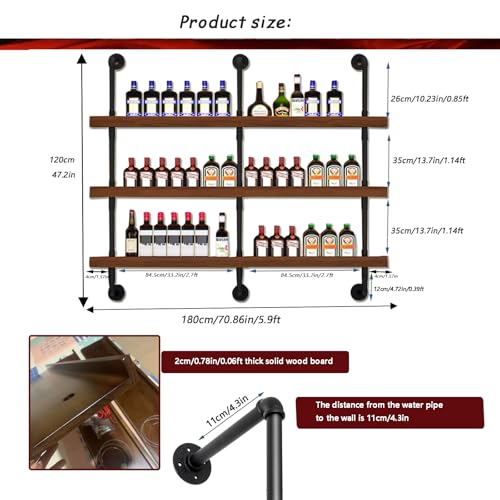 Image of 70.8in Wall Mounted Wine Rack with LED Light Solid Wood | 3-Tiers Liquor Bottles Floating Shelves Display Storage Organizer for Home Bar & Dining Room