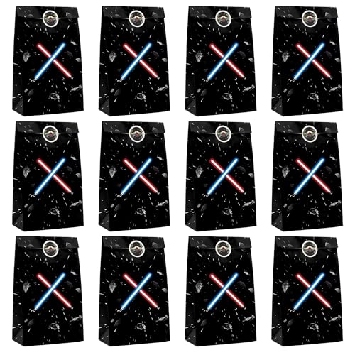 FestiVex 12Pcs Black Galaxy Goodie Paper Bags with Airship Stickers Space Themed Candy Bags for Birthday Party Favors Baby Shower Video Game Party Decorations for Kids and Teens (12)