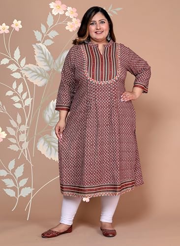 Image of Women's Plus Size Cotton Kantha Work Kurti Kurta - Beautiful Floral Print