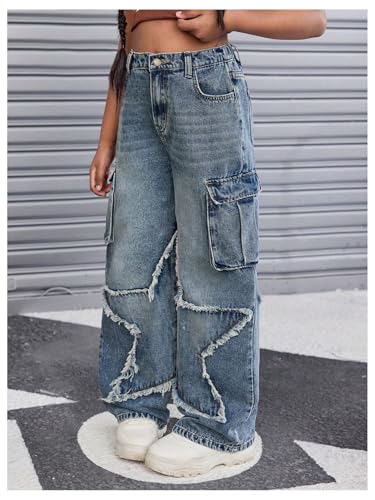 WDIRARA Girl's Y2k Star Pattern Denim Cargo Pants High Waist Jeans with Flap Pockets2