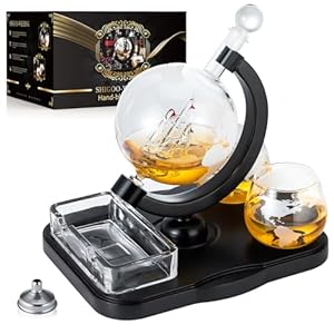 Whiskey Decanter Set with Globe Glasses, Globe Decanter with Wooden Base, Unique Whiskey Gifts for Men, Father, Husband Grandpa, for Liquor, Scotch Whisk, Wine, Brandy, Cognac