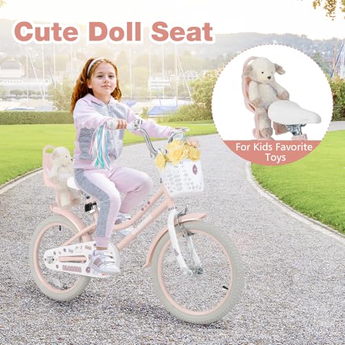 Image of Olakids Kids Bike, 12 14 16 18 20 Inch Girls Bicycle with Doll Seat Basket Adjustable Seat and Handlebar, Handbrake and Coaster Brake