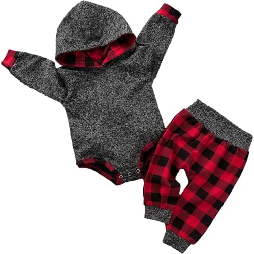 Baby Boy Clothes Infant Fall Winter Outfits Red Plaid Long Sleeve Hoodie Romper + Long Pants Set 2PCS