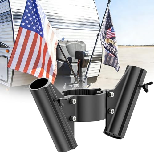 Safoner RV Dual Flag Pole Mount for Trailer Tongue Jack Aluminum Flag Holder with Wing Screw Locking For Flagpoles Up to 1 Fits 2 & 2 Jack Tube RV Essential Accessories