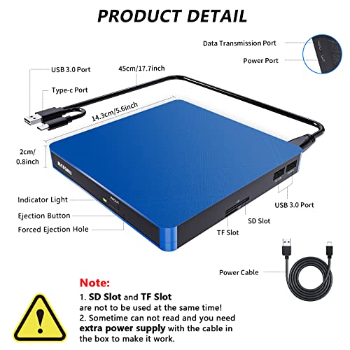 Image of HATOKU External CD /DVD Drive for Laptop (USB 3.0 & USB-C): 8X DVD /24X CD Burner - Portable DVD Player for Laptop - Plug & Play External CD Drive for PC Desktop Windows 11 10 8 7 MacOS Linux (Blue)