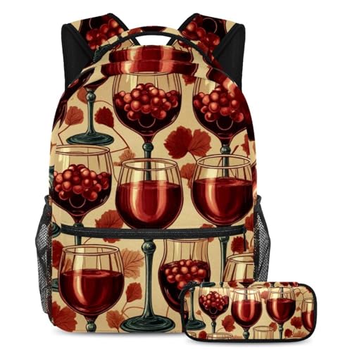 Sac à dos avec trousse motif verres à vin rouge rétro pour élève