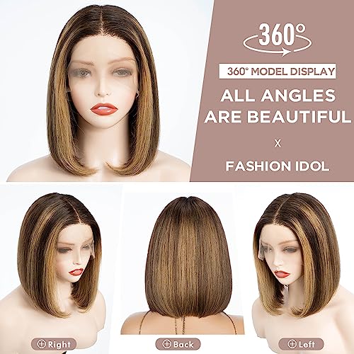 FASHION IDOL Bob Lace Front Wig Human Hair Pre Plucked 10 inches Short Bob Wig for Women Glueless T Part HD Lace Brazilian Virgin Human Hair Highlight - Image 4