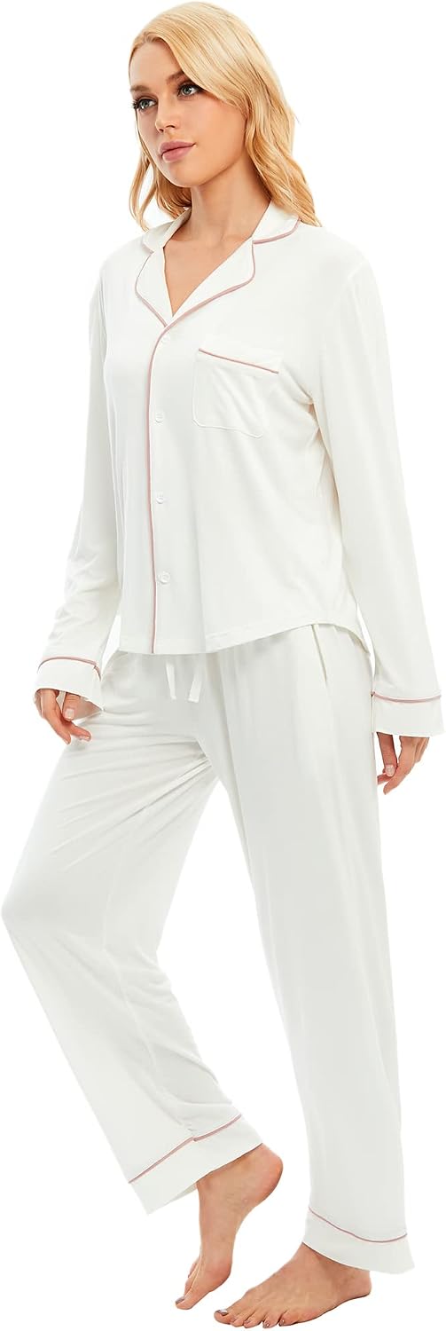 LUBOT Womens Pajamas Set PJs Set Button Down Front Sleepwear Soft Two-piece Long Short Sleeve Shirt Loungewear Set S-XXL