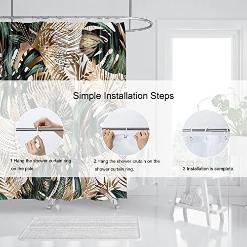 Hipposama Tropical Plant Shower Curtain, Gold Leaf Botanical Shower Curtain Set, Green Monstera Shower Curtains For Bathroom, Waterproof Fabric With 12 Hooks, 72 X 72 Inches #TOP5