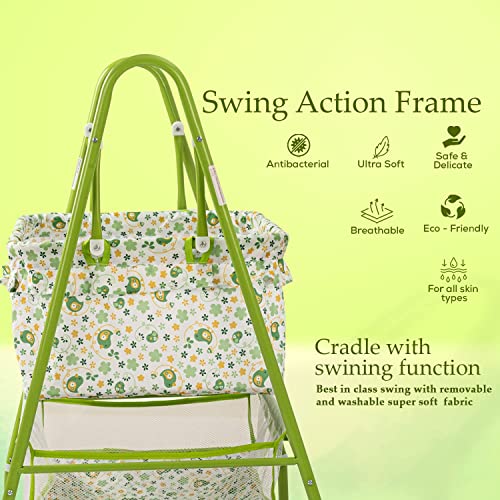 Image of BAYBEE Clora Baby Cradle and Swing with Mosquito Net | Jhula Palna for Newborns | 360 Rotating Lockable Wheels & Storage Basket | Green