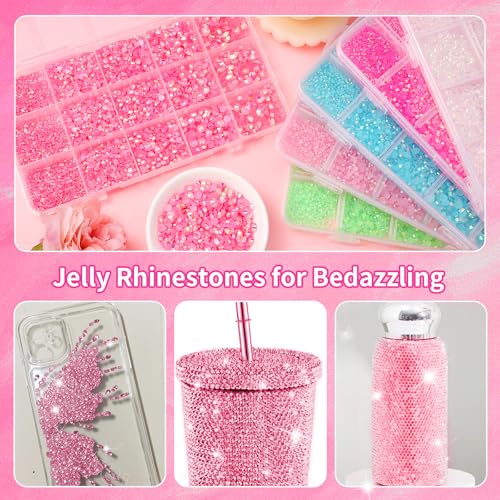 Image of 16000Pcs Flatback Resin Jelly Pink Rhinestones for Crafting DIY Clothing | Pink Gems Jelly Rhinestones Mixed Sizes Bedazzling Crystal with Pickup Tool for Crafts Tumblers Mugs Shoes Fabric Nail Art
