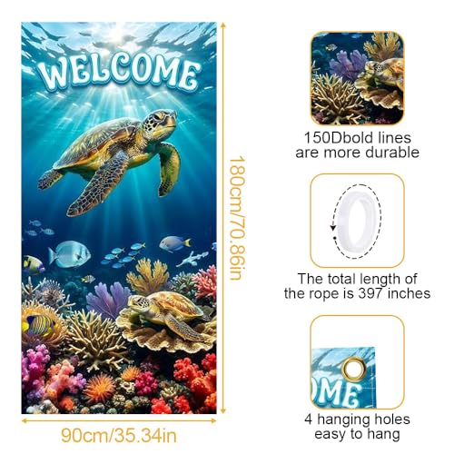 Image of Welcome Sea Turtle Door Cover Ocean Underwater Front Door Banner
