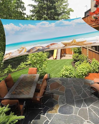 Beach Starfish Sun Shade Sail Waterproof Rectangle, UV Block Sail Shade Canopy Awning Outdoor Oxoford Privacy Shade Cover for Patio Pergola Deck Backyard 12'x16' Ocean Blue SummerSandy Conch Sea Shell
