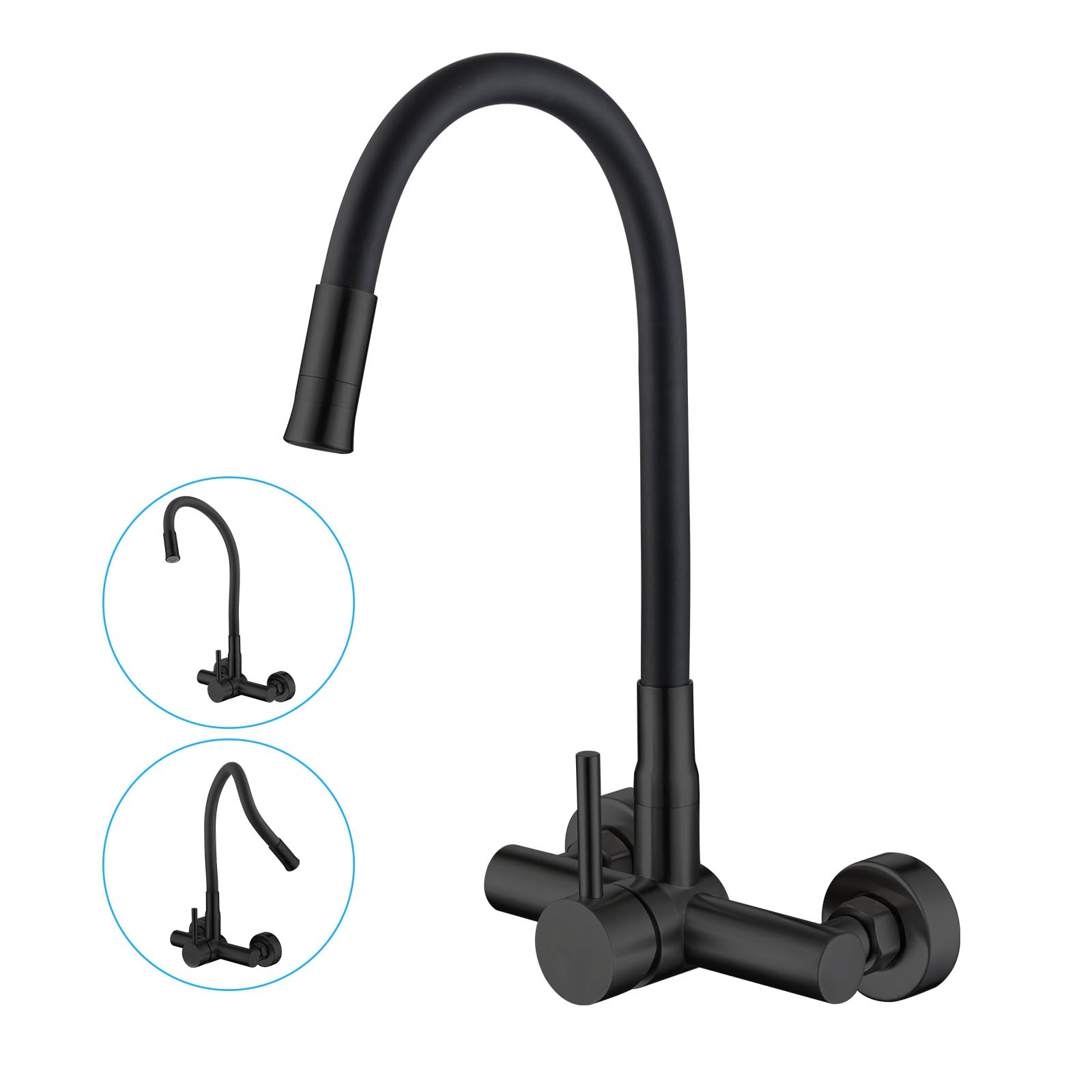 Grifo Cocina Pared Negro con Conector 3/4'' Pulgadas, 2 Tipos Chorro Agua | Grifo de Pared de Acero Inoxidable con Conector 3/4'' pulgadas Para Lavavajillas Lavadora, Grifo de Cocina con Caño Flexible